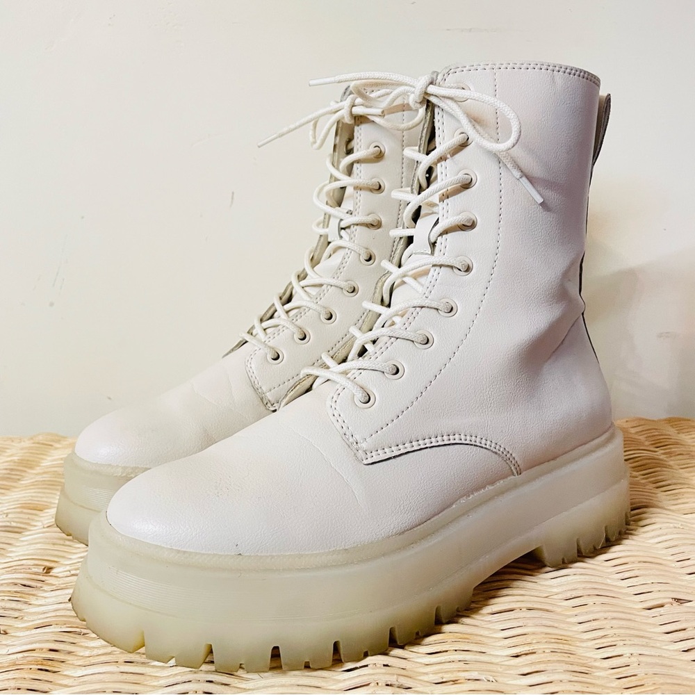 Stradivarius Cream Lace Up Leather Boots Size 38 (8)